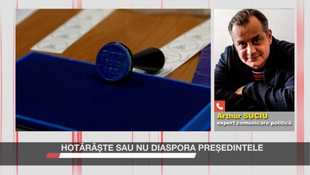 Un ștampilaj de vot pe fundal albastru și portretul lui Arthur Suciu, expert în comunicare politică.