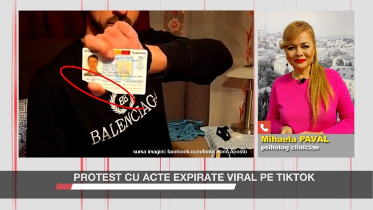 Un bărbat ține în mână o carte de identitate românească tăiată, marcată cu un cerc roșu. Alături, apare portretul psihologului Mihaela Pavăl, cu textul „Protest cu acte expirate viral pe TikTok”.