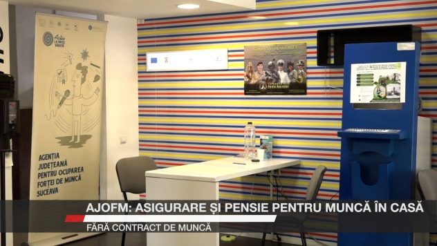 Birou al Agenției Județene pentru Ocuparea Forței de Muncă Suceava, cu afișe informative despre tichetele de muncă.