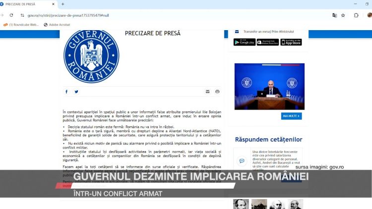 Captură de ecran a unui comunicat oficial publicat pe site-ul Guvernului României, cu sigla instituției și titlul „Precizare de presă”.
