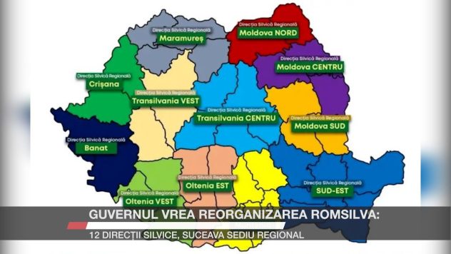 Hartă a României cu noile direcții silvice regionale propuse de Guvern pentru reorganizarea Romsilva.