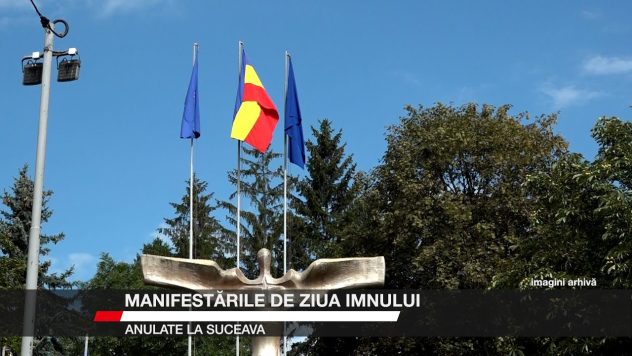 Trei steaguri arborate flutură deasupra unui monument în formă de aripi, într-un spațiu public din Suceava.