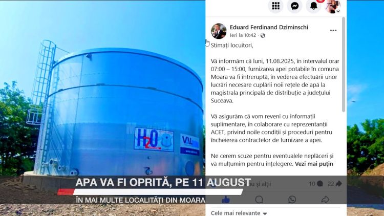 Anunț privind oprirea furnizării apei potabile în mai multe localități, afișat pe rețelele de socializare, alături de o fotografie cu un rezervor de apă.