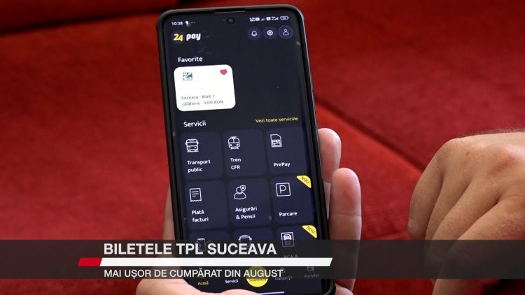 Telefon mobil afișând aplicația 24pay pentru achiziția biletelor TPL Suceava