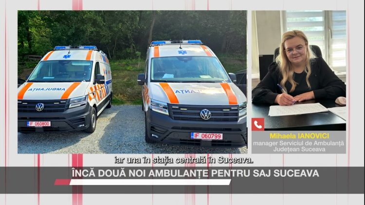 Mihaela Ianovici, managerul Ambulanței Suceava, semnează documente alături de imaginea a două ambulanțe noi parcate.