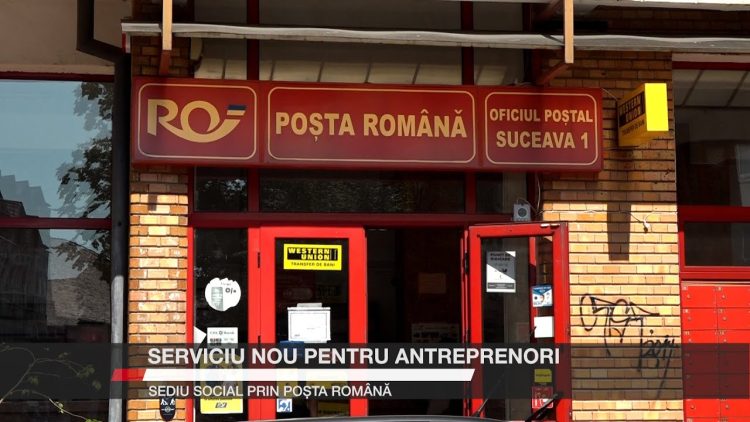 Fațada Oficiului Poștal Suceava 1, cu sigla Poștei Române vizibilă deasupra intrării.