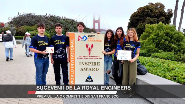 Echipa Royal Engineers Suceava, premiată în Silicon Valley, pozați cu trofeul Inspire Award și diplome în fața podului Golden Gate, San Francisco.