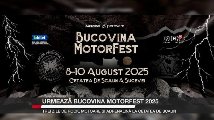 Afiș promoțional pentru Bucovina Motorfest 2025, ce va avea loc între 8 și 10 august la Cetatea de Scaun a Sucevei, cu tematică rock și motoare.