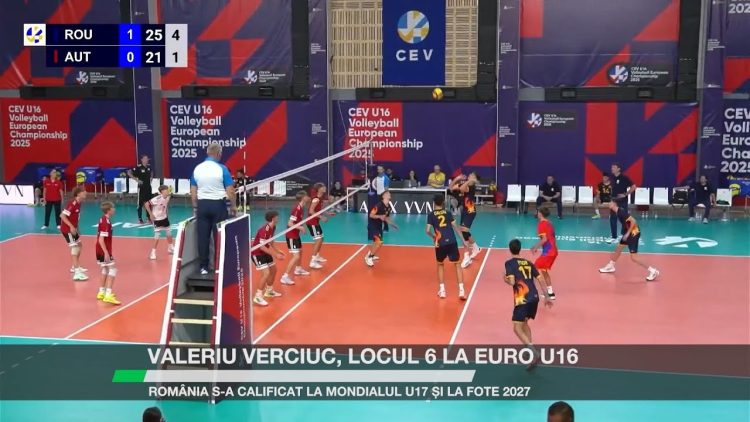 Meci de volei România - Austria la Campionatul European U16, cu Valeriu Verciuc în teren, scor 25–21.